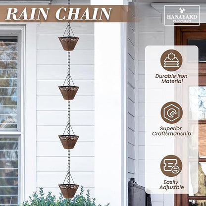 Square Rain Chain Gutter Downspout Copper Rain Chains for Gutters with 12 Cups, Adjustable Rain Catcher Chain with Bell for Outside Water Diverter Garden Decorative Garden, 8.5 Ft