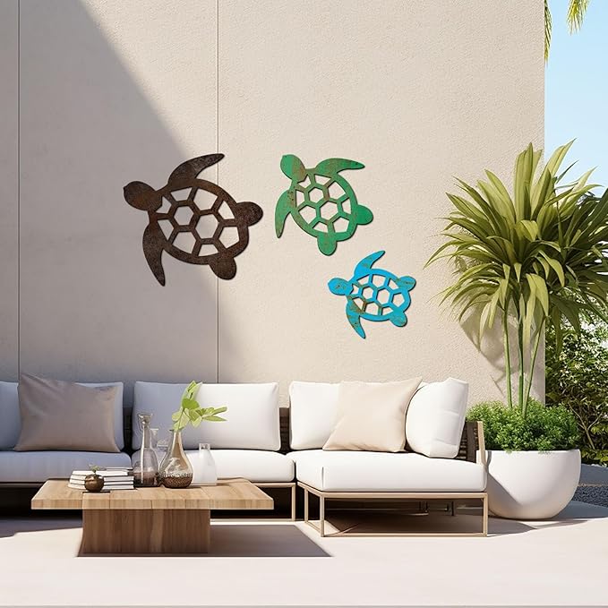 Threehoney 3 Sizes Metal Sea Turtle Wall Art Decor Beach Ocean Nautical Coastal Theme Decor Vintage Farmhouse Turtle Hanging Decoration for Indoor Outdoor Garden Backyard Pool Patio Kitchen Bathroom