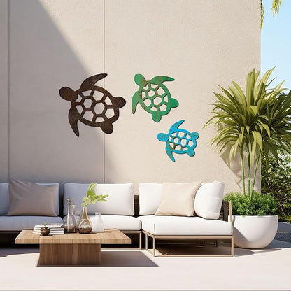 Threehoney 3 Sizes Metal Sea Turtle Wall Art Decor Beach Ocean Nautical Coastal Theme Decor Vintage Farmhouse Turtle Hanging Decoration for Indoor Outdoor Garden Backyard Pool Patio Kitchen Bathroom