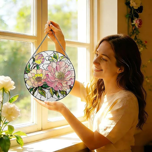 Stained Glass Window Hanging, 8 Inch Peony Suncatcher, Floral Sun Catchers Indoor Window, Pink Flower Suncatchers for Windows Spring Home Garden Decor Panel, Mothers Day Birthday Gifts for Mom Grandma