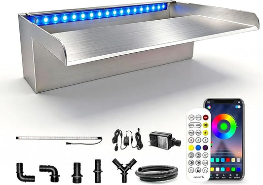LONGRUN Stainless Steel Waterfall Spillway, APP Control Multi-Color LED Light Outdoor Pool Fountain, Water Spillway Koi Pond Waterfalls Fountains Kit for Garden Patio Swimming Pool Decoration-11.8"