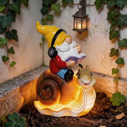 Ferrisland Garden Gnomes Snail Outdoor Figurines with Solar Lights, 10.4 inches Resin Solar Gnomes Decoration Yard Outdoor Garden, Patio Yard Lawn Birthday Housewarming Mother's Day（Gnome on Snail）