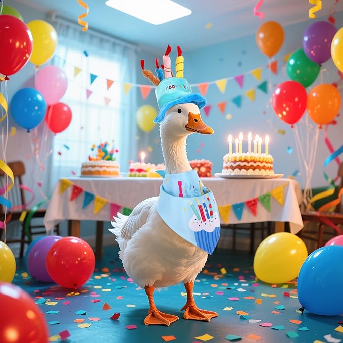 Happy Birthday Porch Goose Outfits with Birthday Cake Hat and Bandana for 17" 23" Cement Lawn Goose Statue Costume for Luau Party Outdoor Garden Yard Decor (Blue)