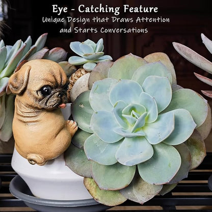Funny Dog Flower Pot Figurines, Funny Garden Decor Statue, Mini Resin Plant Stand Outdoor Ornaments, Animal Design Yard Sculpture (Pug Puppy)