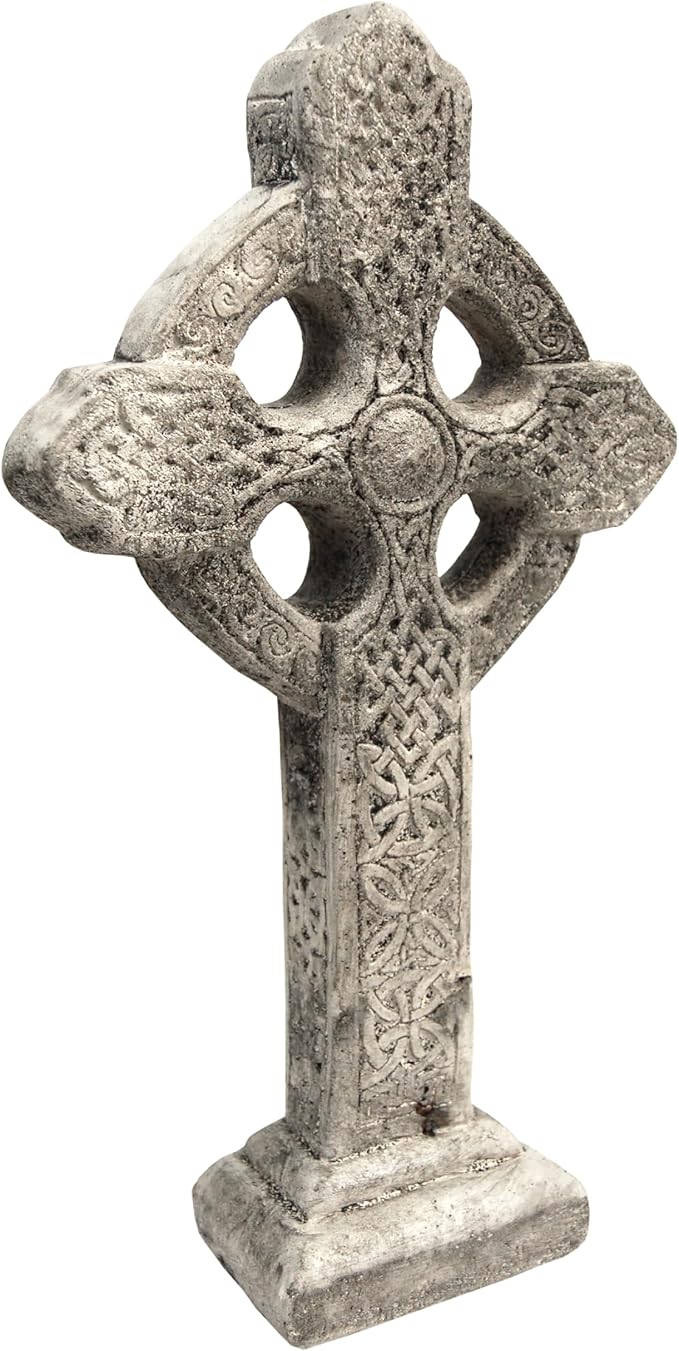 BestNest Athens Celtic Cross Garden Statue on Base – Pre-Aged Concrete Outdoor Religious Sculpture with Impressed Celtic Pattern, Gray Faith Garden Decor