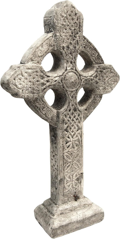 BestNest Athens Celtic Cross Garden Statue on Base – Pre-Aged Concrete Outdoor Religious Sculpture with Impressed Celtic Pattern, Gray Faith Garden Decor