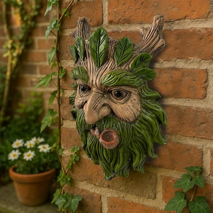 Whimsical Tree Face Garden Statues Outdoor Decor – Funny Old Man Tree Hugger Wall Sculpture with Pipe, Fairy Art Fence Hanging Resin Ornament, Outdoor Wall Mounted Sculpture for Patio Lawn & Home
