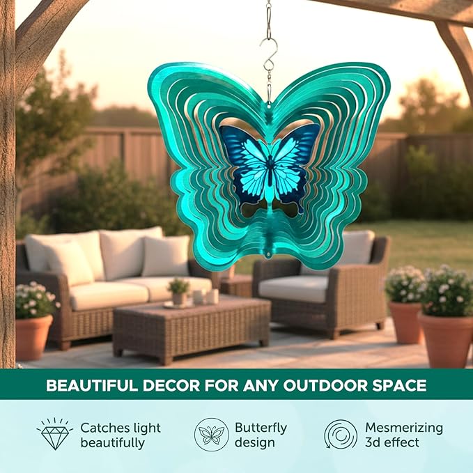 ISEO Butterfly Wind Spinner for Yard and Garden, Hanging Outdoor Decor, Yard Art, Porch and Patio Decorations, Metal Wind Spinners Outdoor, Weather Resistant, 12”