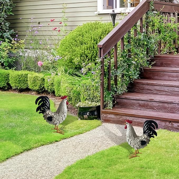 Metal Rooster Yard Decor,16 in Outdoor Chicken Statue Decoration for Patio Lawn Garden,3D Rooster Garden Statues,Chicken Yard Art Sculpture Outdoor Figurines,Metal Chicken Decor,1 Pcs (White)