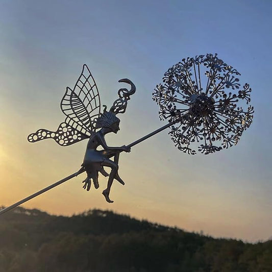 Flower Fairy Dancing with Dandelion, Fairy Garden Sculptures, Angel Metal Ornaments Gardens Art Sculpture, Stainless Steel Statue Garden Ornaments Art Decorations for Outdoor Yard Lawn Patio (H_3D)