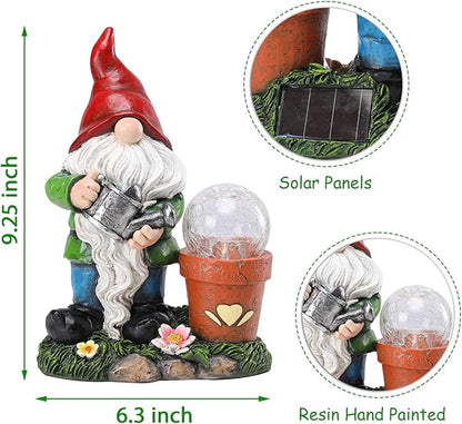 Garden Gnome Statue, Resin Pots with Crack Ball Gnome Figurine with Solar Lights for Porch Patio Yard Outdoor Decor