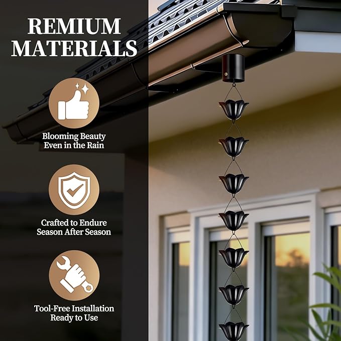 Rain Chains for Gutters Outside 8.5FT Black Rain Catcher Chain with Adapter 16 Cups Decorative Replacement for Downspout