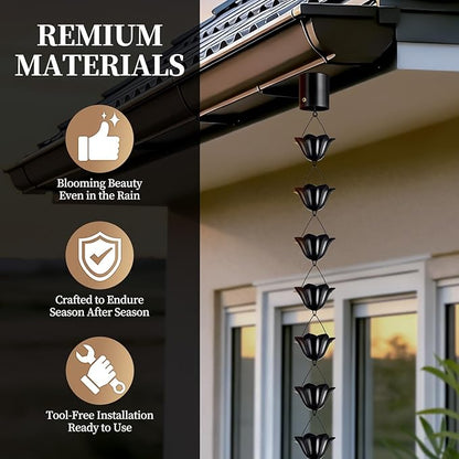 Rain Chains for Gutters Outside 8.5FT Black Rain Catcher Chain with Adapter 16 Cups Decorative Replacement for Downspout