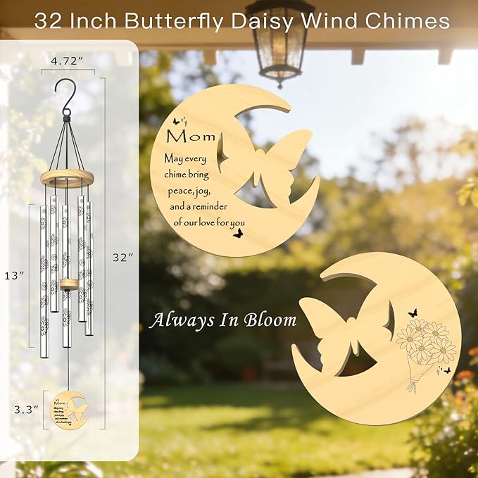 Gifts for Mom, Unique Mom's Birthday Gifts from Daughter Son, 32" Butterfly Daisy Modern Wind Chimes, Mother Gift for Birthday Mother's Day Thanksgiving, Garden Home Decor (for Mom)