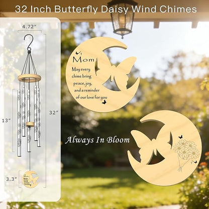 Gifts for Mom, Unique Mom's Birthday Gifts from Daughter Son, 32" Butterfly Daisy Modern Wind Chimes, Mother Gift for Birthday Mother's Day Thanksgiving, Garden Home Decor (for Mom)