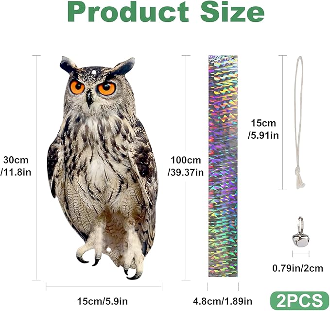 2PCS Hanging Effective Fake Owl Control Device Dual-Side Outdoors Owl with Reflective Tape for Patio Yard Outdoor Front Porch Backyard Windows