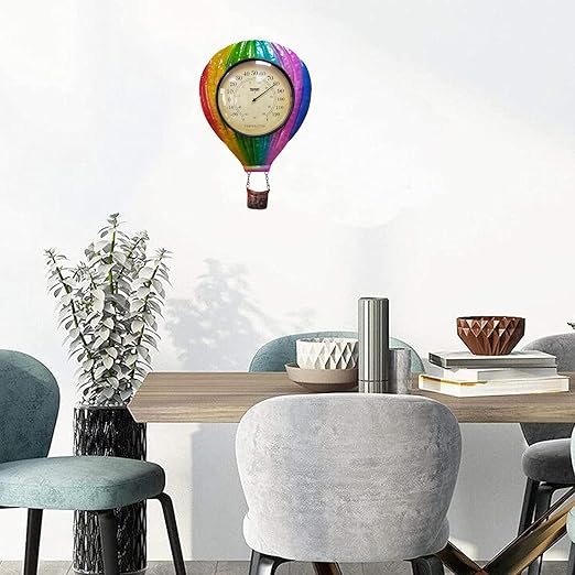 Metal Balloon Thermometer Indoor Outdoor Wall Art Decor, Colorful hot Balloon Plaque Sculpture Hanging Mounted for Living Room Bedroom Kitchen Workroom Patio, no Battery Required