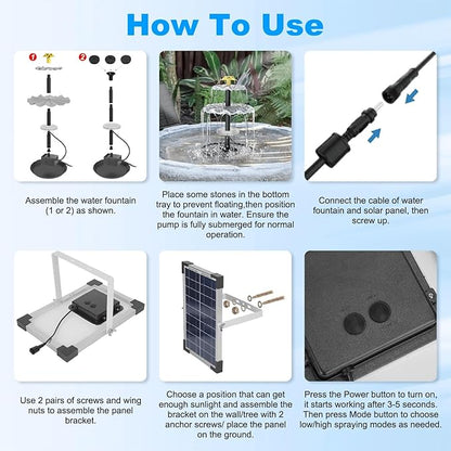 3-Tier Bird Bath Fountain Solar Powered LED Light Detachable Water Pump with 6W Solar Panel for Bird Bath, Courtyard, Outdoor, Garden Decoration