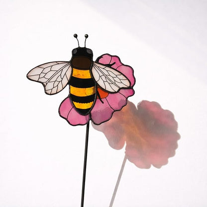 Bee Stained Glass Plant Pot Suncatcher - Handmade Real Glass Flower Pot Ornament for Planters - Indoor Outdoor Garden Décor - Unique Nature Gift for Women, Mom & Grandma
