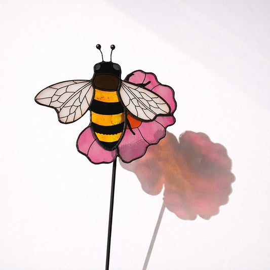 Bee Stained Glass Plant Pot Suncatcher - Handmade Real Glass Flower Pot Ornament for Planters - Indoor Outdoor Garden Décor - Unique Nature Gift for Women, Mom & Grandma