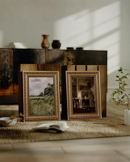 ARPEOTCY Vintage Gold Framed Wall Art, Farmhouse Meadow Landscape Country Painting, 8x10 inch Small Moody Rustic Canvas Picture Prints with Frame, Victorian Wall Decor for Living Room Bedroom Shelf