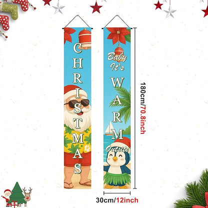 Tropical Christmas Porch Banner 12x71 Inch Beach Santa Penguin Christmas Door Banner Holiday Front Door Decor Outdoor Hanging Sign for Winter Christma Decorations Xmas Porch Sign for Front Door Outdoor Winter Home Decor