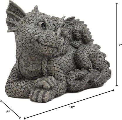Ebros Whimsical Piggyback Dragon Family Statue 10.25" Long Faux Stone Resin Finish Mother and Baby Animated Dragons Welcome Guest Greeter Decor Figurine