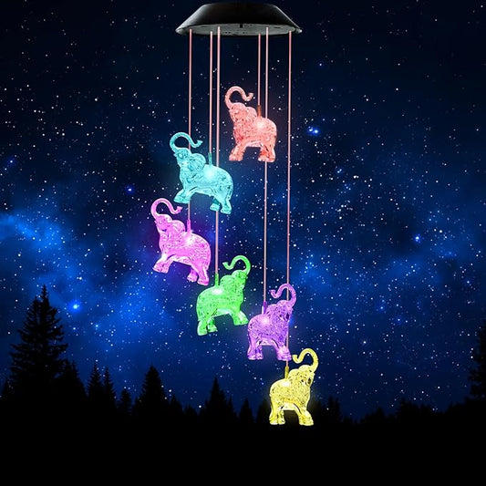 Solar Wind Chimes, Elephant Wind Chimes Gifts for Mom Grandma Women Wife Girls, IP65 Waterproof Hanging Memorial Windchimes with 7 Color Changing LED Lights for Outside Garden Yard Decorations