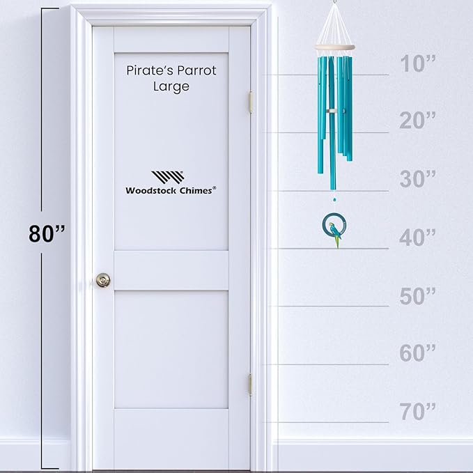 Woodstock Windchimes Margaritaville Parrot Windchime – (40") Outdoor Wind Chime for Porch Patio Garden Decor with Seaglass Blue Tubes and Painted Feather