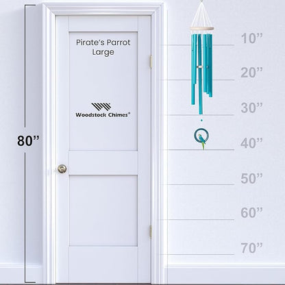 Woodstock Windchimes Margaritaville Parrot Windchime – (40") Outdoor Wind Chime for Porch Patio Garden Decor with Seaglass Blue Tubes and Painted Feather