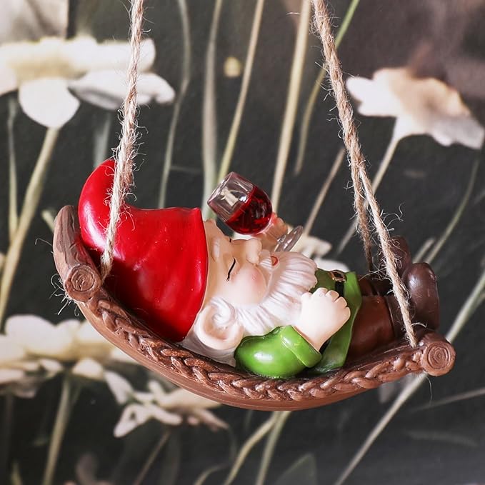 Gnome Garden Statues Decor for Outdoor, Resin Swing Gnome Statue with Red Wine in Hand, Hanging Garden Figurine Ornament for Home Yard Patio Decoration, Birthday Valentine's Day