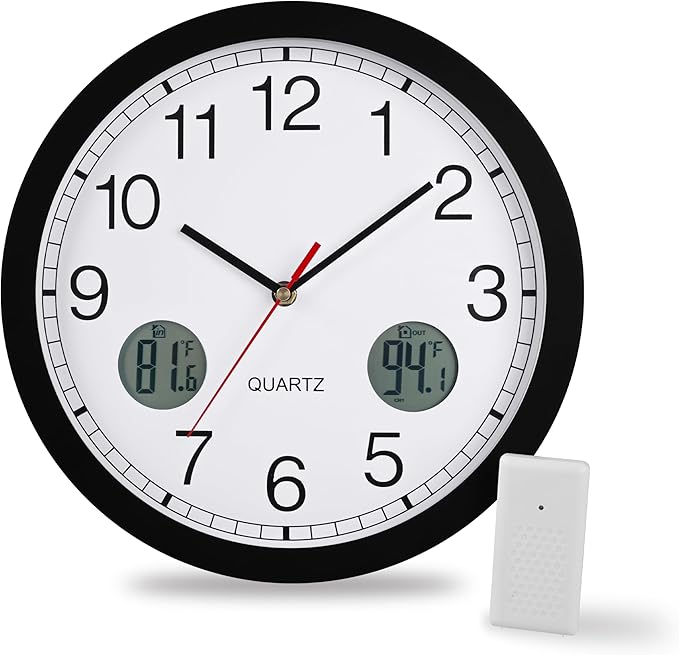 jomparis Outdoor Clock Waterproof with Thermometer Combo Metal Frame Silent Wall Clock for Patio Pool 12 Inch