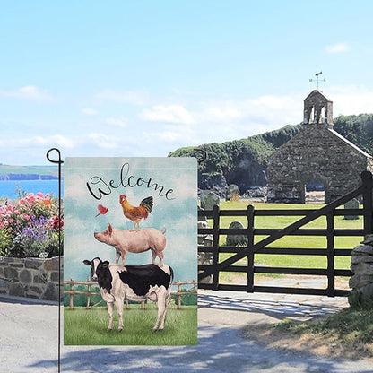 Dyrenson Welcome Summer Rooster Pig Cow Cardinal Farm Decorative Garden Flag, Country Yard Outside Decoration, Spring Farmhouse Outdoor Small Decor 12x18