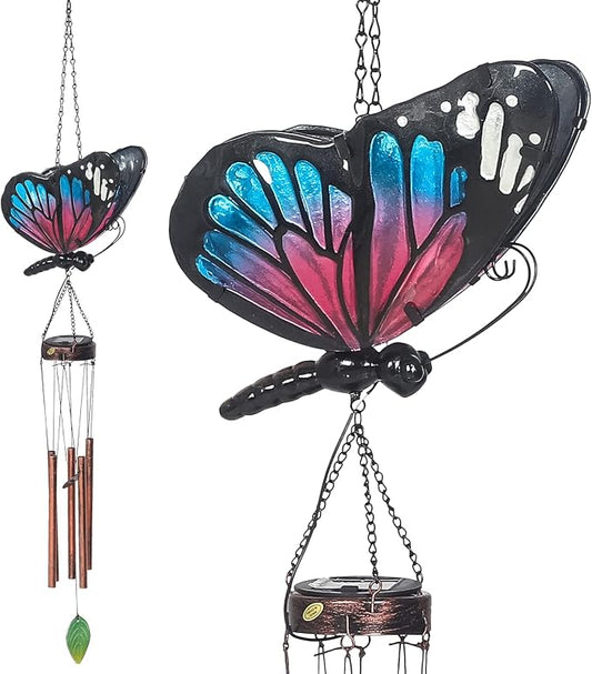 Asense Hanging Wind Chimes for Outside, Solar Powered LED Lights Butterfly Wind Chime, Outdoor Garden Lawn Yard Patio Decoration, Unique Decor Gifts