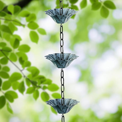 Rifachua 8.5ft 12 Cups Blue Plated Lotus Rain Chain for Gutters Downspouts Outside with Rain Chain Anchor Anchoring Stake Base Copper