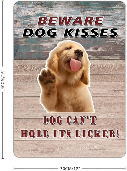 Beware Dog Kisses Dog Can't Hold Its Licker Street Metal Signs Vintage Man Cave Warning Aluminum Metal Tin Sign for Garden Patio Yard Cafe Pub Home Decor Wall Art Print Poster 12x16