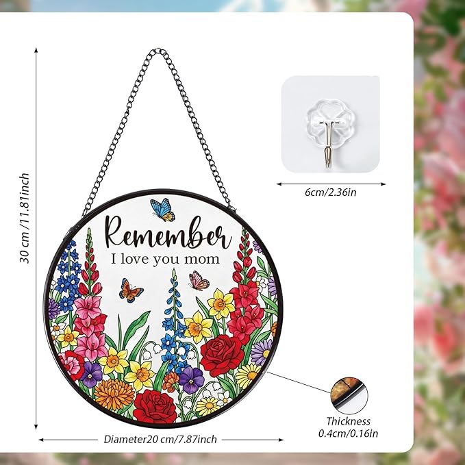 Rngmsi Sun Catcher Gift for Mom, Mothers Day Suncatcher Stained Glass Window Hanging, Remember I Love You Stained Glass Birthday Presents for Mama from Daughter Son