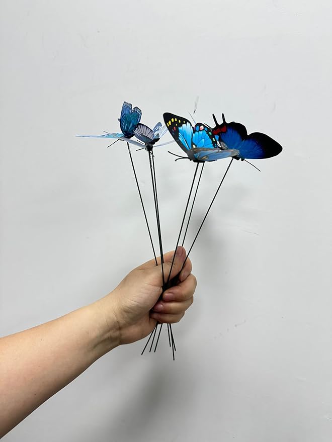 3D Butterfly Garden Stake Decor,10" PVC Butterfly Garden Decor for Outside,Shaking Head Artificial Butterflies for Cake Bouquet Wall Lawn Pathway Plant Pot Flower Bed Yard Decor (50, Royal Blue)