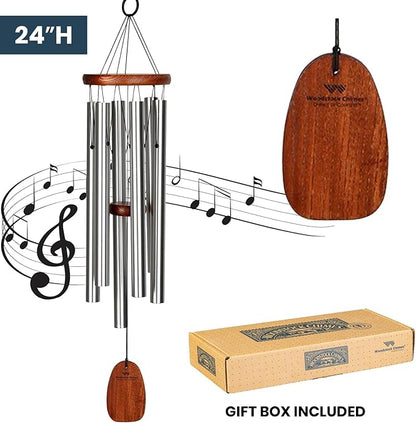 Woodstock Chimes of Comfort 24" Memorial Wind Chimes for Outdoor & Garden, Tuned to Amazing Grace, Sympathy Gift Silver Aluminum Tubes, Teak Wood Finish (WCOC)