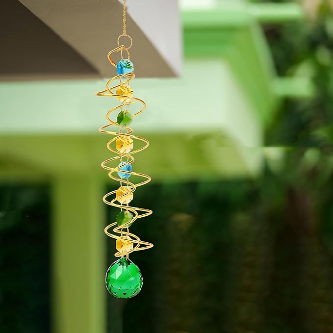 5 Pcs Wind Spinner Tail Gazing Ball Spiral 9'' for Indoor Outdoor Hanging Decor, Rainbow Maker Crystal Chime Sun Catcher w Seven Chakra Beads and Hook Decorative for Window Home Garden Birthday Gift