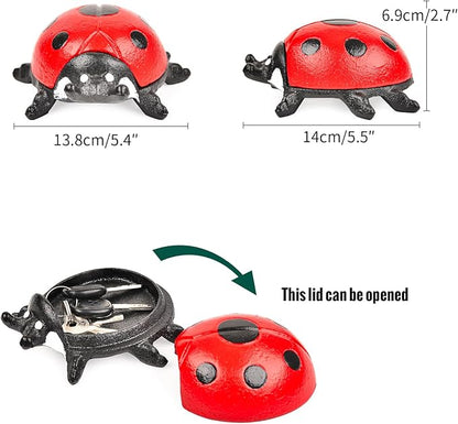 Sungmor Cast Iron Ladybug Key Hider, Hidden Key Holder for Indoor Outdoor, Hand Painted Garden Animal Statue Lawn Ornament, Decorative Jewelry Box Spare Key Hider for Shelf