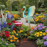 39“ Metal Heron Bird Statue with Pink Birdbath, Garden Statue Decor Yard Art for Lawn, Backyard - Unique Animal Figurine for Birthday, Housewarming, Christmas
