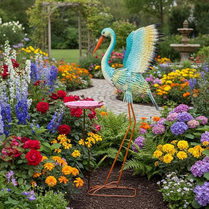 39“ Metal Heron Bird Statue with Pink Birdbath, Garden Statue Decor Yard Art for Lawn, Backyard - Unique Animal Figurine for Birthday, Housewarming, Christmas