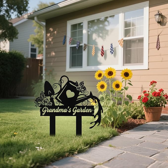Personalized Metal Garden Signs with Stake, Custom Garden Tool Signs Decor Outside Waterproof, Customized Name Sign Yard Lawn Gardens Decor Gardening Gifts for Moms Grandmas Gardeners