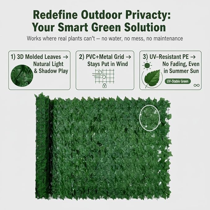 Faux Ivy Privacy Fence Screen 8PCS 20 x 20 Inch Artificial Faux Ivy Hedge Expandable Faux Privacy Fence Decoration for Wall Screen, Outdoor Garden, Wedding Decor,No Cable Tie (80x40 inches)