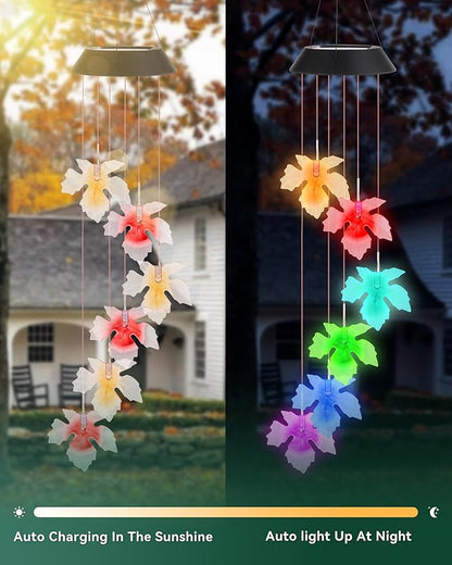 DOUBLEZHE Solar Wind Chimes for Outside, Color Changing Maple Leaf Wind Chimes, Birthday Gifts for Women Mom Grandma, Waterproof Outdoor LED Decoration Mobile Lights for Garden Patio Yard Party Decor