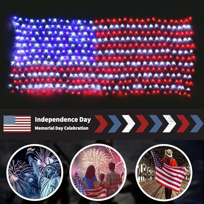 Decute American LED Flag Net Lights - 420 LED 4th of July Decorations Outdoor Lighted Flag String Lights of The United States for Memorial Day Yard Garden Festival Holiday Party