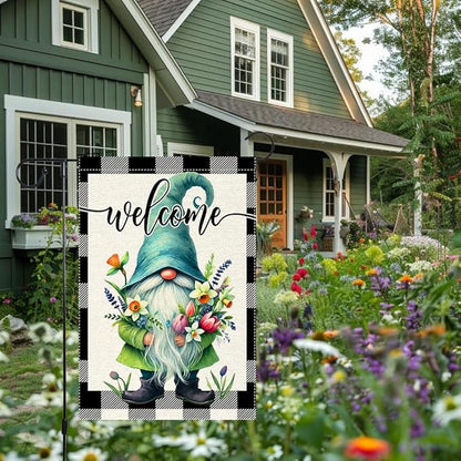 Welcome Spring Summer Gnome Garden Flag Colorful Floral Buffalo Plaid Garden Flags Small Burlap Lawn Seasonal Wildflowers Home Flags Outside Yard 12x18 Inch Double Sided