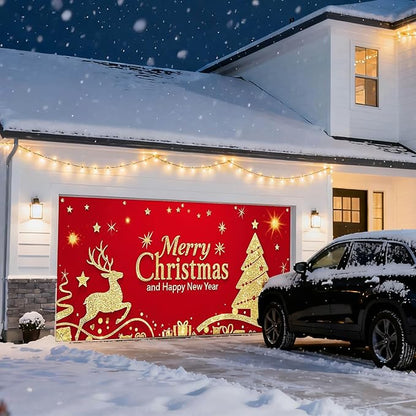 IVN Christmas Garage Door Cover Decoration 13x6ft Santa Glitter Gold Tree Reindeer on Red Holiday Christmas Garage Door Banner Home Garage Door Front Yard Decor for Xmas Eve Holiday Outdoor