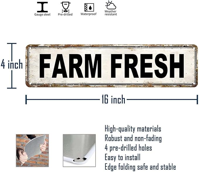 Farm Fresh Metal Tin Sign Chicken Coop Signs for Outside Farm Fresh Eggs Sign Vintage Farmhouse Decor for Chicken Coop, Farmers Market & Farm Stand Kitchen Wall Decor 4 ×16 Inch